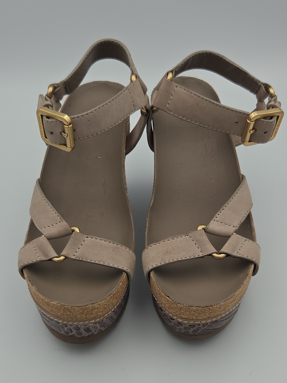 Tory Burch Taupe Wedge Sandals with Gold Buckles Size 6.5